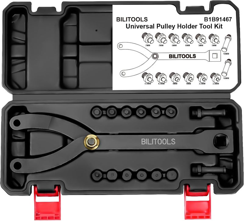 BILITOOLS 15PCS Universal Pulley Holder Tool Kit, 1/2-inch drive ratchet Adjustable Spanner Wrench with Variable Pins 3.5mm, 4mm, 4.5mm, 5mm, 6mm, 6.5mm and 10mm fits Camshaft pulleys. - Image 1